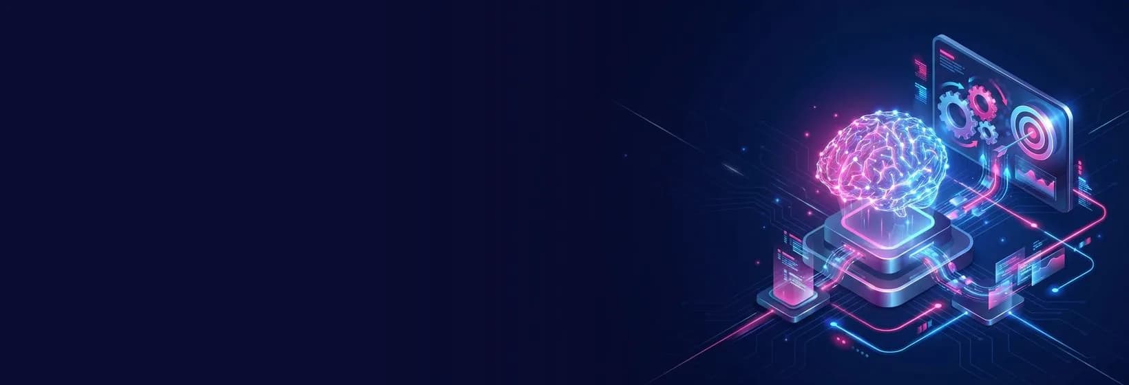 Rede neural conectada a um painel de estratégia com engrenagens e alvo