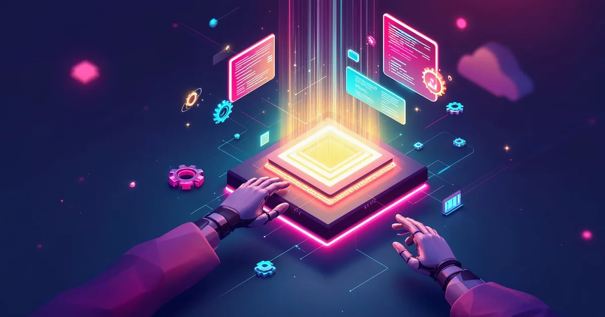 Ilustração isométrica de inteligência artificial construindo um site
