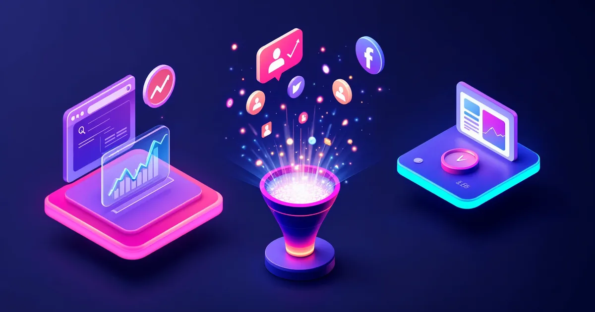 Ilustração isométrica de tráfego pago com busca, redes sociais e funil de conversão