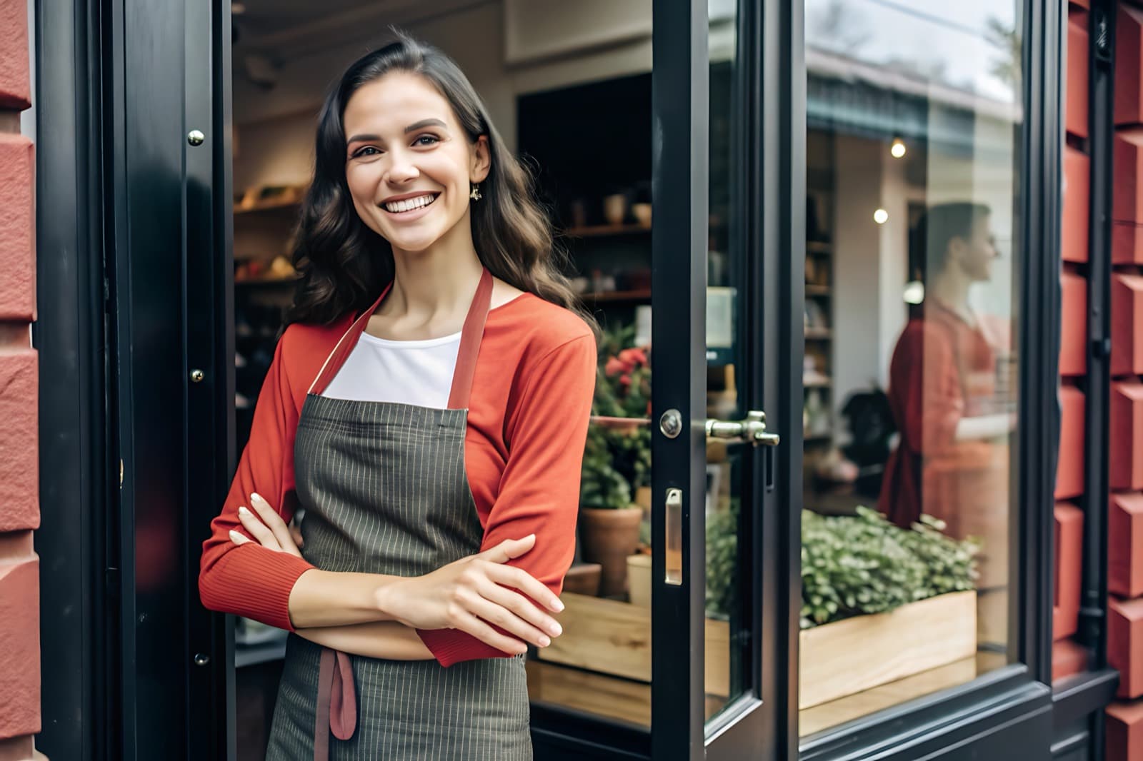 Lojista sorrindo ao receber clientes em loja de flores