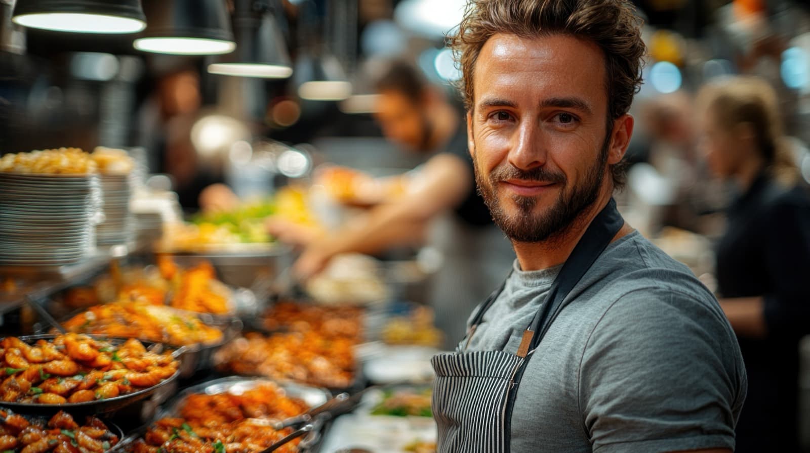 Garçom servindo pratos a clientes em restaurante movimentado