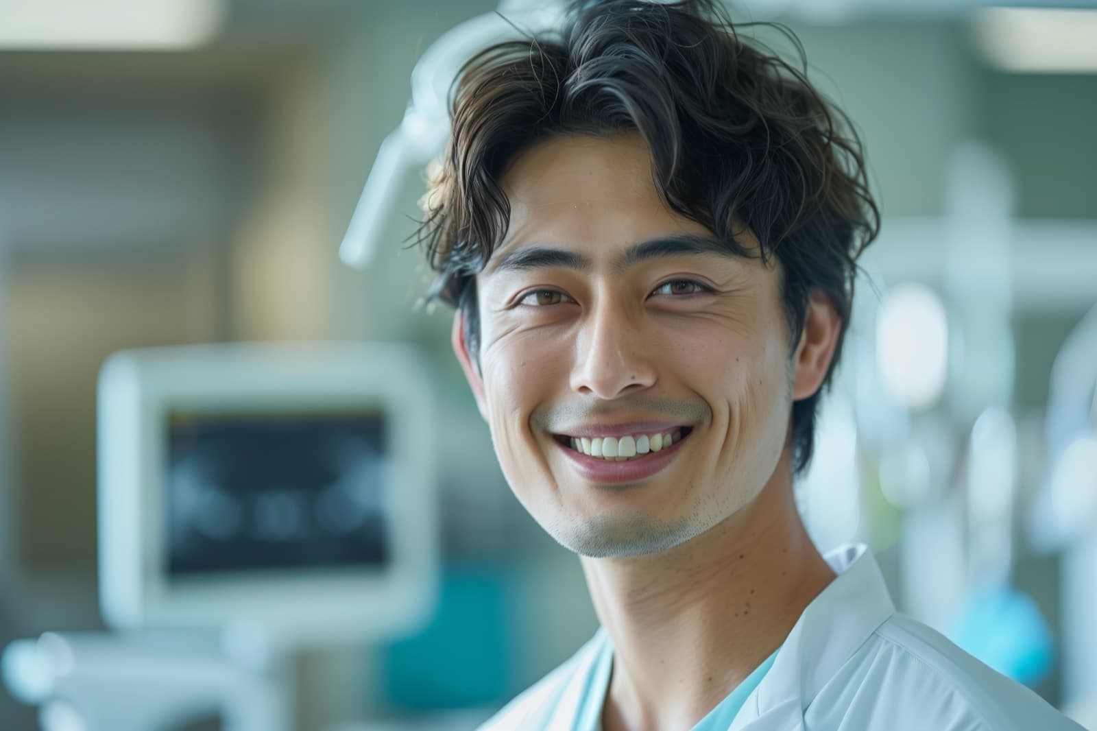 Dentista sorrindo em consultório moderno