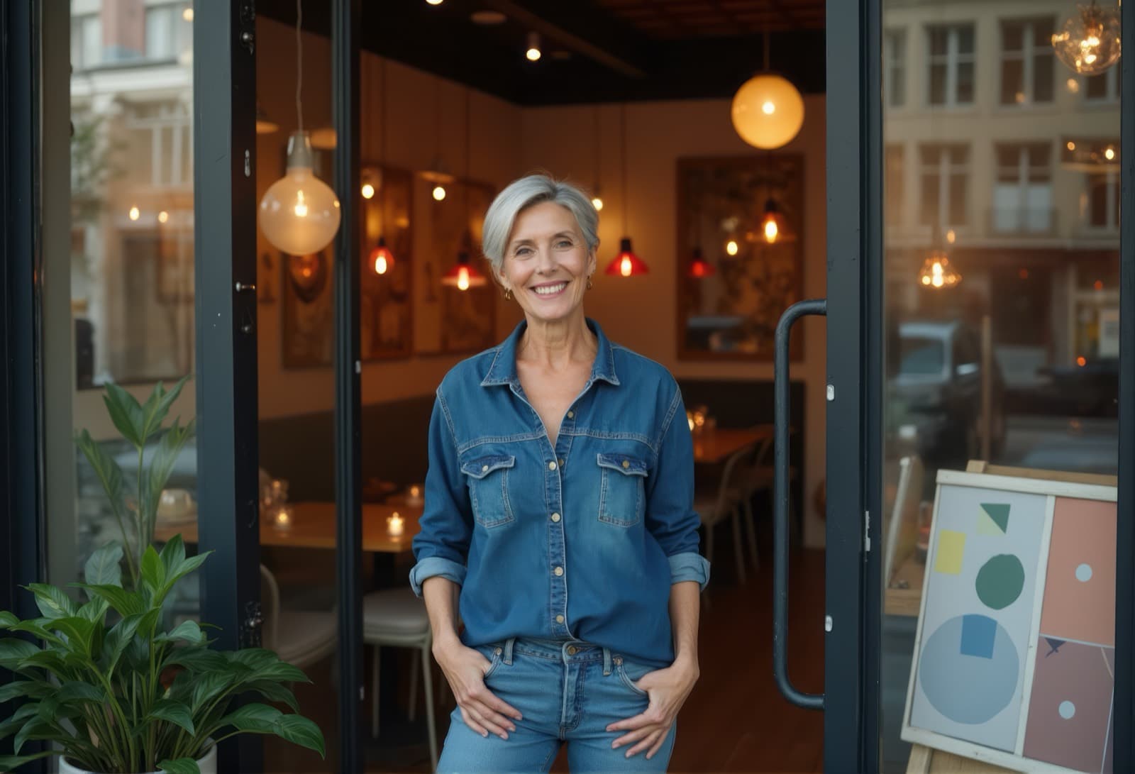 Dono de cafeteria sorrindo na porta do próprio estabelecimento